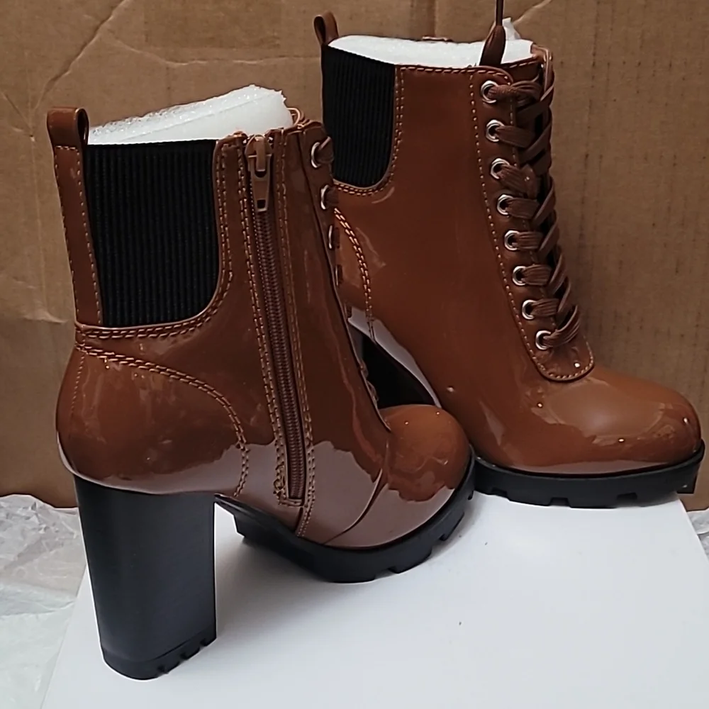 Cognac Boots Zip Up Chunky heel Size 6M Women's New - Picture 6 of 7